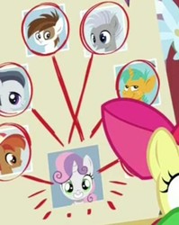 Size: 362x455 | Tagged: safe, screencap, button mash, chipcutter, pipsqueak, rumble, snails, sweetie belle, pegasus, pony, g4, the break up breakdown, colt, cropped, liquid button, male