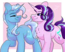 Size: 3053x2438 | Tagged: safe, artist:black-magic101, starlight glimmer, trixie, pony, unicorn, g4, chest fluff, digital art, duo, female, heart, heart eyes, high res, lesbian, looking at each other, mare, ship:startrix, shipping, smiling, wingding eyes