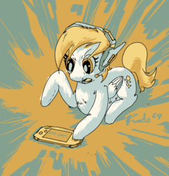 Size: 1322x1374 | Tagged: safe, artist:fundz64, derpy hooves, pony, g4, color palette challenge, d.va headphones, female, focused, game boy advance, game over, headset, limited palette, lying down, solo