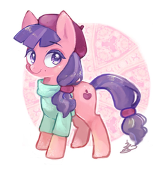 Size: 840x871 | Tagged: safe, artist:sibashen, raspberry beret, earth pony, pony, g4, horse play, beauty mark, beret, clothes, female, hat, looking at you, mare, shirt, smiling, solo