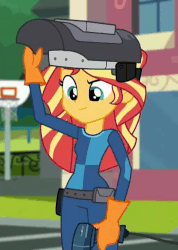 Size: 514x720 | Tagged: safe, screencap, sunset shimmer, equestria girls, g4, get the show on the road, my little pony equestria girls: summertime shorts, animated, blowtorch, cropped, female, gif, mechanic, solo, sunset welder, welding mask