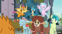 Size: 640x360 | Tagged: safe, screencap, gallus, ocellus, sandbar, silverstream, smolder, yona, pukwudgie, g4, school daze, animated, castle of the royal pony sisters, disguise, disguised changeling, everfree forest, gif, student six
