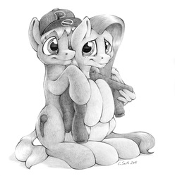 Size: 2512x2528 | Tagged: safe, artist:stallionslaughter, fluttershy, oc, oc:mcarch, g4, canon x oc, clothes, comforting, crying, hat, high res, hug, hug from behind, monochrome, pencil drawing, sweater, traditional art