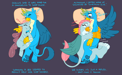 Size: 1613x986 | Tagged: safe, artist:caroo, gallus, ocellus, changedling, changeling, griffon, g4, school daze, blushing, chest fluff, cuddlebug, cuddling, cute, diaocelles, disguise, disguised changeling, female, fluffy, frog (hoof), gallabetes, griffon ocellus, griffonized, hnnng, interspecies, male, paw pads, paws, purple background, purring, ship:luslus, shipping, simple background, sleeping, snuggling, species swap, spread wings, straight, transformation, underhoof, underpaw, wingboner, wings, zzz