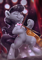Size: 850x1200 | Tagged: safe, artist:assasinmonkey, octavia melody, earth pony, pony, semi-anthro, g4, belly button, bipedal, bow (instrument), bowtie, cello, cello bow, crying, digital painting, eyes closed, female, mare, musical instrument, octavia's bowtie, solo, stage, tears of joy, underhoof