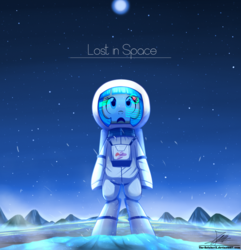 Size: 1120x1160 | Tagged: safe, artist:the-butch-x, coco pommel, earth pony, pony, g4, astronaut, bipedal, cocobetes, commission, crossover, cute, female, gasp, lost in space, mare, planet, solo, space, spacesuit, stars