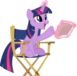 Size: 7562x7513 | Tagged: safe, artist:shutterflyeqd, twilight sparkle, alicorn, pony, g4, horse play, absurd resolution, chair, cute, director's chair, female, glowing horn, horn, levitation, magic, mare, open mouth, script, simple background, sitting, smiling, solo, telekinesis, transparent background, twiabetes, twilight sparkle (alicorn)