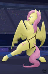 Size: 1600x2473 | Tagged: safe, artist:mighty-muffins, fluttershy, pony, g4, anatomically incorrect, banner, crowd, cutie mark, equestria games, female, floor routine, gymnast, gymnastics, harness, incorrect leg anatomy, olympics, shading, solo, stadium, straps, summer olympics, tack