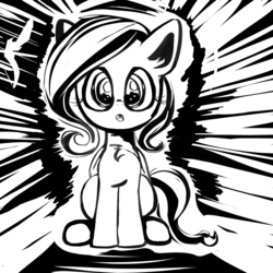 Size: 1500x1500 | Tagged: safe, artist:otherdrawfag, fluttershy, pegasus, pony, g4, black and white, female, filly, grayscale, ink, looking at you, monochrome, open mouth, sitting, solo