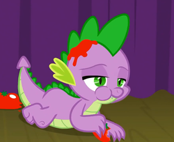 Size: 883x720 | Tagged: safe, screencap, spike, dragon, g4, horse play, claws, cropped, food, male, solo, tomato