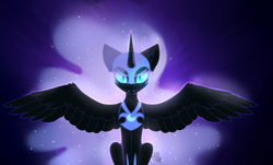 Size: 3380x2040 | Tagged: dead source, safe, artist:sugarstar, nightmare moon, alicorn, pony, g4, armor, fangs, female, gradient background, high res, horn, looking at you, mare, simple background, sitting, slit pupils, smiling, smiling at you, solo, spread wings, wings