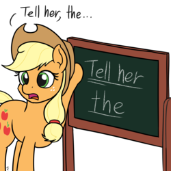 Size: 1280x1280 | Tagged: safe, artist:mkogwheel, applejack, genie, pony, g4, horse play, aladdin, chalkboard, female, reference, simple background, solo, tell her the truth, white background