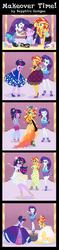 Size: 568x2400 | Tagged: safe, artist:sapphiregamgee, rarity, sci-twi, sunset shimmer, twilight sparkle, equestria girls, equestria girls series, g4, and then there's rarity, carousel boutique, clothes, commission, commissioner:shortskirtsandexplosions, curtsey, dress, dressup, eyeshadow, faic, geode of empathy, geode of shielding, geode of telekinesis, lipstick, magical geodes, makeover, makeup, scrunchy face