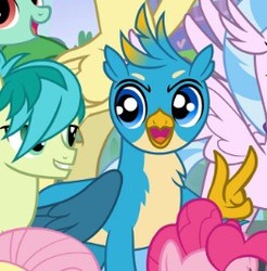 Size: 263x267 | Tagged: safe, screencap, fluttershy, gallus, huckleberry, peppermint goldylinks, pinkie pie, sandbar, silverstream, classical hippogriff, griffon, hippogriff, pony, g4, school daze, background pony, cropped, female, friendship always wins, friendship student, male, mare, offscreen character, solo focus, stallion