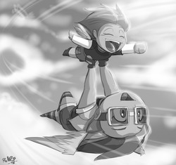 Size: 1319x1242 | Tagged: safe, artist:shonuff44, rainbow dash, scootaloo, human, pony, g4, clothes, cute, cutealoo, flying, goggles, grayscale, humanized, monochrome, open mouth, scootalove, shorts, upside down, winged humanization, wings