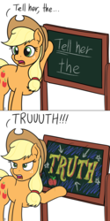 Size: 1280x2563 | Tagged: safe, artist:mkogwheel, part of a set, applejack, earth pony, genie, pony, g4, horse play, 2 panel comic, aladdin, chalkboard, comic, cowboy hat, female, hat, mare, ponified, reference, simple background, solo, tell her the truth, white background