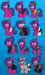 Size: 1224x2031 | Tagged: safe, artist:threetwotwo32232, oc, oc only, oc:bandy cyoot, oc:fizzy pop, pony, unicorn, 3d glasses, alternate hairstyle, bread, clothes, dress, food, fursuit, glasses, hoodie, one-piece swimsuit, pants, persona, persona 4, school uniform, shorts, solo, swimsuit, toast, wet mane, yoga pants