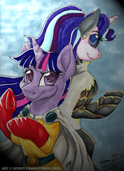 Size: 1024x1404 | Tagged: safe, artist:spirit--productions, starlight glimmer, twilight sparkle, pony, unicorn, g4, clothes, cosplay, costume, crossover, genos, one punch man, saitama, traditional art