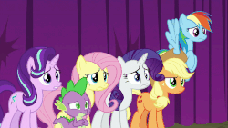 Size: 1000x562 | Tagged: safe, screencap, applejack, fluttershy, pinkie pie, rainbow dash, rarity, spike, starlight glimmer, horse play, animated, animation error, gasp, reaction image, shocked