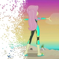 Size: 600x600 | Tagged: safe, edit, edited screencap, screencap, fluttershy, aww... baby turtles, equestria girls, g4, my little pony equestria girls: better together, avengers: infinity war, cropped, disintegration, female, fluttershy's wetsuit, i don't feel so good, solo, spoilers for another series, wetsuit