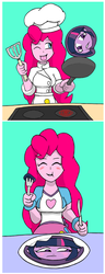 Size: 831x2171 | Tagged: safe, artist:maki12, pinkie pie, twilight sparkle, equestria girls, g4, chef, chef's hat, cooking, eating, fetish, flattened, flip, food, food transformation, frying pan, hat, i'm pancake, inanimate tf, literal, not salmon, pancakes, pure unfiltered evil, shape change, transformation, twicake, twicakes, vore, wat