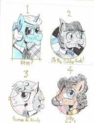 Size: 1680x2186 | Tagged: safe, artist:sixes&sevens, derpibooru exclusive, doctor whooves, time turner, bat pony, crystal pony, earth pony, pony, unicorn, g4, bowtie, clothes, colored pencil drawing, doctor who, first doctor, fourth doctor, fourth doctor's scarf, scarf, second doctor, striped scarf, the doctor, third doctor, traditional art
