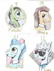 Size: 1680x2186 | Tagged: safe, artist:sixes&sevens, derpibooru exclusive, doctor whooves, time turner, bat pony, earth pony, pegasus, pony, g4, blind, bowtie, clothes, doctor who, eleventh doctor, fez, hat, hoodie, necktie, ninth doctor, sunglasses, tenth doctor, the doctor, twelfth doctor