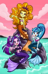 Size: 3300x5100 | Tagged: safe, artist:chibi-jen-hen, adagio dazzle, aria blaze, sonata dusk, mermaid, equestria girls, g4, absurd resolution, belly button, breasts, cleavage, female, fins, mermaidized, midriff, sirens doing siren things, smiling, species swap, tail, the dazzlings