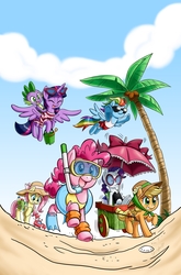 Size: 4063x6165 | Tagged: safe, artist:chibi-jen-hen, idw, applejack, fluttershy, pinkie pie, rainbow dash, rarity, spike, twilight sparkle, alicorn, crab, dragon, earth pony, pegasus, pony, unicorn, g4, legends of magic, spoiler:comiclom8, absurd resolution, beach, cart, clothes, dive mask, female, flippers (gear), flying, glasses, goggles, hat, inflatable, inflatable toy, inner tube, male, mane seven, mane six, mare, palm tree, snorkel, swim mask, swimsuit, tree, twilight sparkle (alicorn), water wings