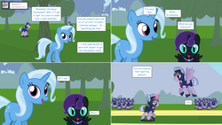 Size: 2564x1444 | Tagged: safe, artist:hakunohamikage, trixie, oc, oc:nyx, alicorn, earth pony, pegasus, pony, unicorn, ask-princesssparkle, g4, armor, ask, dusk guard, female, looking at you, magic, male, mare, sparring, stallion, tumblr, twilight's royal guard