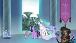 Size: 1920x1080 | Tagged: safe, edit, edited screencap, screencap, princess celestia, spike, twilight sparkle, alicorn, pony, g4, horse play, blorg, stellaris, twilight sparkle (alicorn)