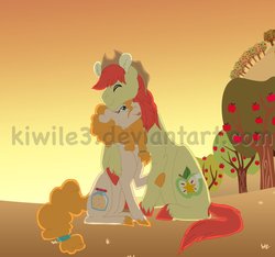 Size: 1023x957 | Tagged: safe, artist:kiwile3, bright mac, pear butter, g4, apple, apple tree, cuddling, cute, female, food, hat, male, mare, obtrusive watermark, ship:brightbutter, shipping, stallion, straight, sunset, sweet apple acres, tree, watermark
