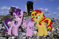 Size: 983x655 | Tagged: safe, diamond tiara, starlight glimmer, sunset shimmer, pony, unicorn, g4, landfill, op is a duck, op is trying to start shit, trash