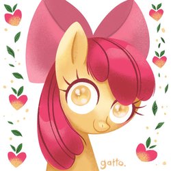 Size: 1000x1000 | Tagged: safe, artist:ilianagatto, apple bloom, earth pony, pony, g4, apple, bow, bust, female, filly, food, hair bow, looking at you, portrait, simple background, solo, white background