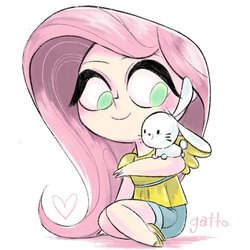 Size: 1000x1000 | Tagged: safe, artist:ilianagatto, angel bunny, fluttershy, human, rabbit, g4, cute, human coloration, humanized, simple background, white background