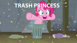 Size: 1272x716 | Tagged: safe, edit, edited screencap, screencap, pinkie pie, earth pony, pony, g4, horse play, confetti, female, mare, op is a duck, solo, trash can