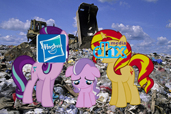 Size: 972x644 | Tagged: safe, dhx media, diamond tiara, starlight glimmer, sunset shimmer, pony, unicorn, g4, abuse, background pony strikes again, breaking news op continues to be a duck, downvote bait, hasbro, landfill, op is a duck, op is trying to start shit, tiarabuse, trash