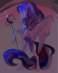 Size: 1728x2160 | Tagged: dead source, safe, artist:yanisfucker, princess luna, alicorn, pony, g4, bipedal, curved horn, female, horn, long tail, mare, missing cutie mark, rearing, slender, solo, spread wings, staff, tail, thin, wings