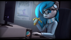 Size: 9600x5400 | Tagged: safe, artist:imafutureguitarhero, oc, oc only, oc:xenia amata, bat pony, anthro, 3d, absurd resolution, acer, anthro oc, banana, bat pony oc, bepis, black bars, chair, chromatic aberration, clock, clothes, computer, doors, eating, female, film grain, food, glasses, headphones, herbivore, hoodie, keyboard, letterboxing, monitor, nail polish, open mouth, painting, poster, puffy cheeks, scarf, sitting, soda can, solo, source filmmaker, wallpaper