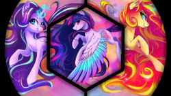 Size: 708x398 | Tagged: safe, artist:wilvarin-liadon, edit, starlight glimmer, sunset shimmer, twilight sparkle, alicorn, pony, unicorn, g4, color porn, colored wings, crown, eyestrain warning, female, flying, glowing horn, hexagon, horn, impossibly long hair, impossibly long tail, jewelry, jumping, magical trio, mare, multicolored wings, rainbow power, regalia, smiling, sts trinity, trio, trio female, twilight sparkle (alicorn)