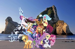 Size: 2048x1363 | Tagged: safe, editor:php77, applejack, capper dapperpaws, captain celaeno, fluttershy, grubber, pinkie pie, princess skystar, queen novo, rainbow dash, rarity, sci-twi, spike, storm king, sunset shimmer, tempest shadow, twilight sparkle, abyssinian, alicorn, earth pony, pegasus, pony, seapony (g4), unicorn, anthro, equestria girls, g4, my little pony equestria girls: better together, my little pony: the movie, anthro with ponies, beach, beauty mark, cowboy hat, ear piercing, earring, equestria girls in real life, hat, irl, jewelry, looking at you, male, mane seven, mane six, photo, piercing, pirate hat, ponies in real life, staff, staff of sacanas, twilight sparkle (alicorn)