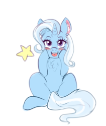 Size: 1079x1280 | Tagged: safe, artist:mrscurlystyles, derpibooru exclusive, trixie, pony, unicorn, g4, abstract background, blushing, chest fluff, cute, daaaaaaaaaaaw, diabetes, diatrixes, ear fluff, eyelashes, female, happy, horn, mare, open mouth, open smile, purple eyes, simple background, sitting, smiling, solo, stars, tail, white background