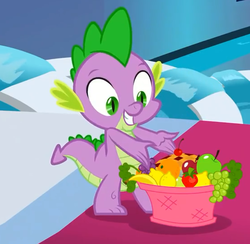 Size: 554x540 | Tagged: safe, screencap, spike, dragon, g4, horse play, apple, banana, basket, cherry, cropped, food, fruit, grapes, male, pie, smiling, solo