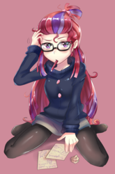 Size: 725x1100 | Tagged: safe, artist:tzc, moondancer, human, equestria girls, g4, anime, clothes, equestria girls-ified, female, glasses, human coloration, humanized, looking at you, pantyhose, paper, pencil, simple background, solo, sweater