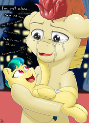 Size: 1400x1920 | Tagged: safe, artist:h3nger, oc, oc:apogee, oc:jet stream, pegasus, pony, fanfic:anywhere but here, baby, crying, fanfic, fanfic art, father and daughter, female, freckles, male, sad, smiling, stallion, text, younger