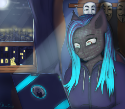 Size: 4578x4000 | Tagged: safe, artist:mintjuice, oc, oc only, oc:dawn sentry, bat pony, anthro, anonymous, anthro oc, bat pony oc, city, clothes, commission, computer, curtains, cyberpunk, female, guy fawkes mask, hack, hacker, hacking, hoodie, laptop computer, moon, night, solo, window, ych result
