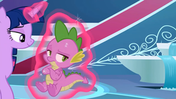 Size: 1280x720 | Tagged: safe, screencap, spike, twilight sparkle, alicorn, dragon, pony, g4, horse play, claws, crossed arms, displeased, female, glowing horn, horn, levitation, magic, male, smiling, telekinesis, twilight sparkle (alicorn)