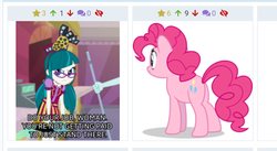 Size: 838x458 | Tagged: safe, brim marco, juniper montage, pinkie pie, earth pony, pony, derpibooru, equestria girls, equestria girls specials, g4, mirror magic, the maud couple, angry, cutie mark, female, juxtaposition, meta, offscreen character