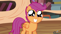 Size: 1280x720 | Tagged: safe, screencap, scootaloo, pegasus, pony, g4, season 4, twilight time, book, cute, cutealoo, daaaaaaaaaaaw, dhx is trying to murder us, dilated pupils, female, filly, golden oaks library, hnnng, library, smiling, solo, squee, weapons-grade cute, wide eyes