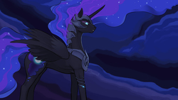 Size: 2560x1441 | Tagged: safe, artist:arareroll, edit, nightmare moon, alicorn, pony, g4, armor, black sclera, ethereal mane, explicit source, eyelashes, fangs, female, frown, lidded eyes, mare, signature, slit pupils, solo, spread wings, wide eyes, wings